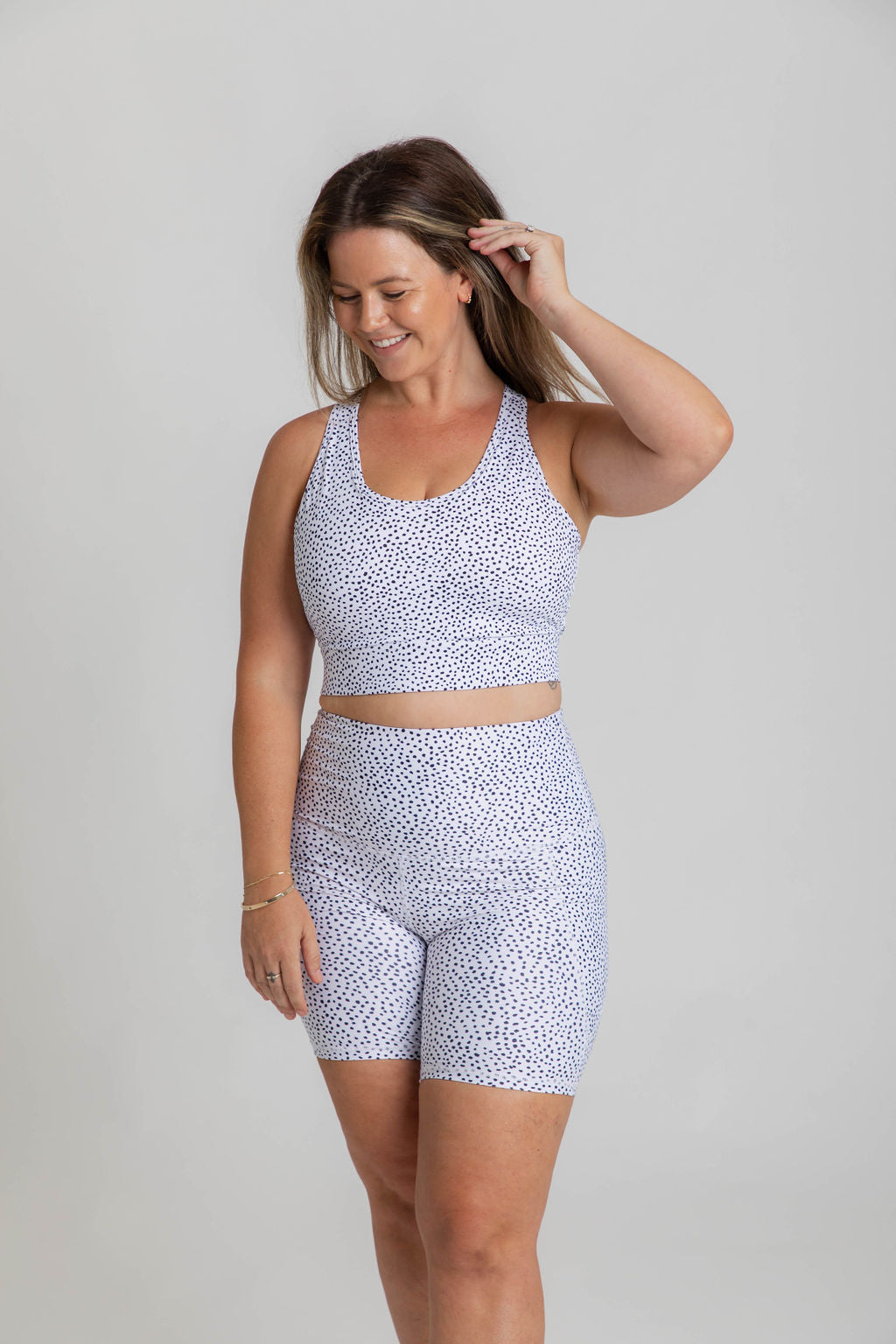 BEYOND SPORTS BRA - "THE ULTIMATE" MAXIMUM SUPPORT + MAX COVERAGE - DOTTY WHITE